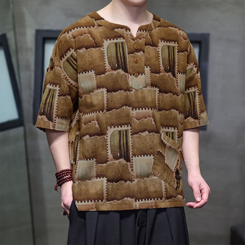 Buddha Stones Summer Casual Boho Patchwork Plaid Design Men's Short Sleeve Shirts With Patch Pocket - image 11