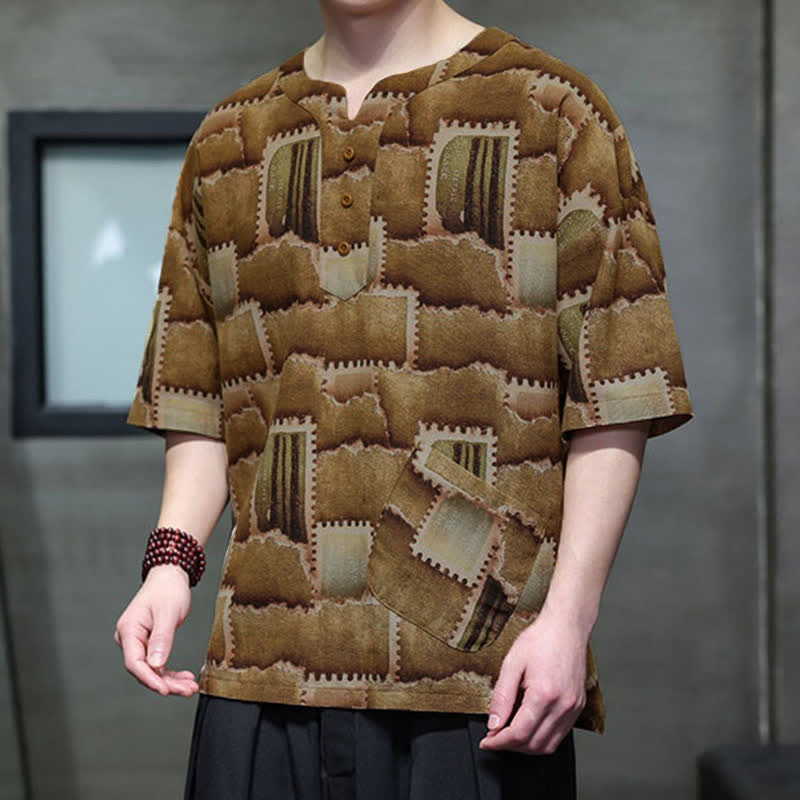 Buddha Stones Summer Casual Boho Patchwork Plaid Design Men's Short Sleeve Shirts With Patch Pocket - image 12
