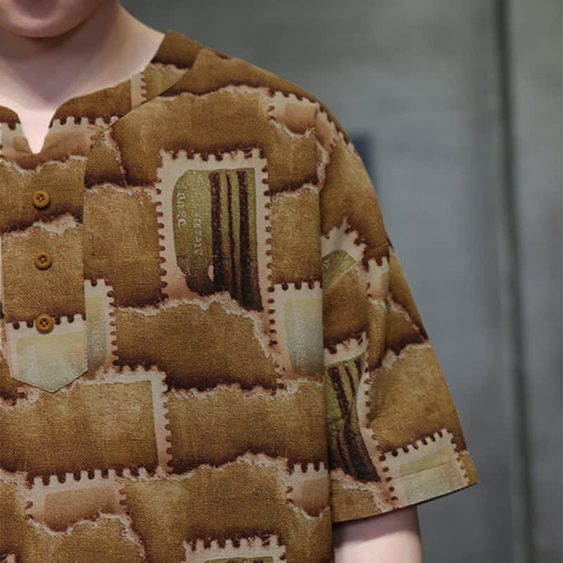 Buddha Stones Summer Casual Boho Patchwork Plaid Design Men's Short Sleeve Shirts With Patch Pocket - image 19