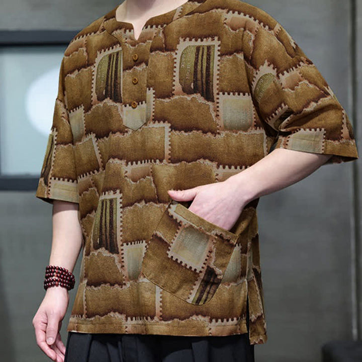 Buddha Stones Summer Casual Boho Patchwork Plaid Design Men's Short Sleeve Shirts With Patch Pocket - image 16