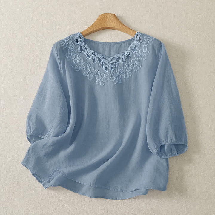 Buddha Stones Spring Summer Casual Vintage Crew Neck Embroidery Solid Women's Three-Quarter Sleeve T-Shirt - PowderBlue - US12, UK/AU16, EU44 (2XL) - image 5