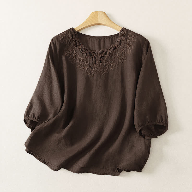 Buddha Stones Spring Summer Casual Vintage Crew Neck Embroidery Solid Women's Three-Quarter Sleeve T-Shirt - SaddleBrown - US12, UK/AU16, EU44 (2XL) - image 0