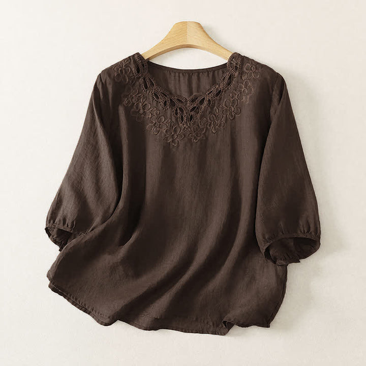 Buddha Stones Spring Summer Casual Vintage Crew Neck Embroidery Solid Women's Three-Quarter Sleeve T-Shirt - SaddleBrown - US12, UK/AU16, EU44 (2XL) - image 0