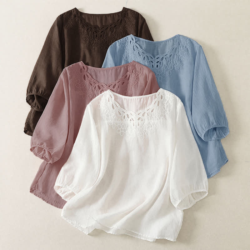 Buddha Stones Spring Summer Casual Vintage Crew Neck Embroidery Solid Women's Three-Quarter Sleeve T-Shirt - image 23