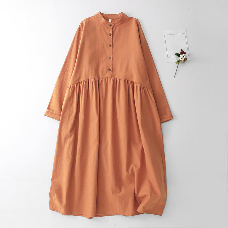 Buddha Stones Spring Fall Casual Tang Style Mandarin Collar Solid Women's Long Sleeve Dress With Pockets - SandyBrown - US12, UK/AU16, EU44 (2XL) - image 11