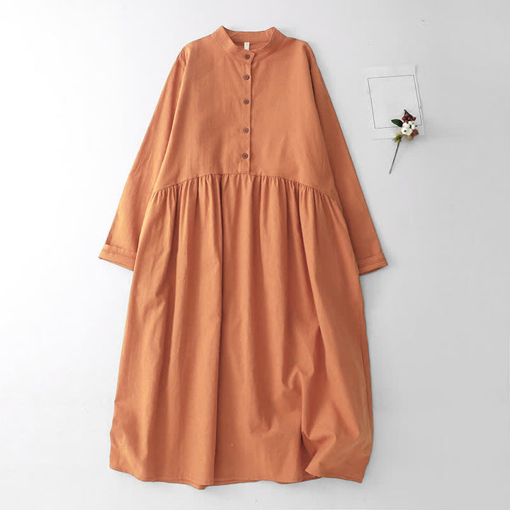 Buddha Stones Spring Fall Casual Tang Style Mandarin Collar Solid Women's Long Sleeve Dress With Pockets - SandyBrown - US12, UK/AU16, EU44 (2XL) - image 11