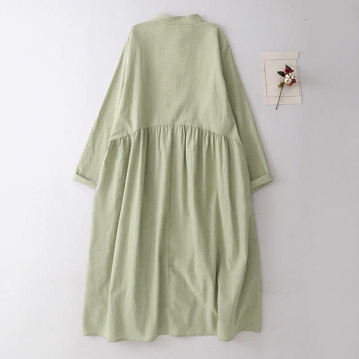 Buddha Stones Spring Fall Casual Tang Style Mandarin Collar Solid Women's Long Sleeve Dress With Pockets - image 2