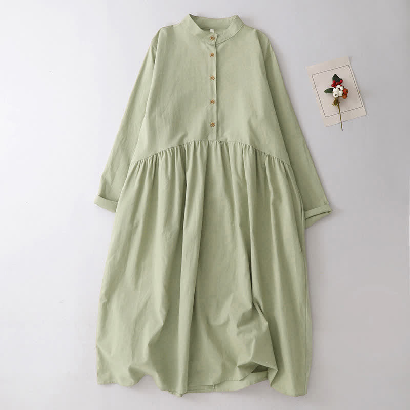 Buddha Stones Spring Fall Casual Tang Style Mandarin Collar Solid Women's Long Sleeve Dress With Pockets - DarkSeaGreen - US12, UK/AU16, EU44 (2XL) - image 1