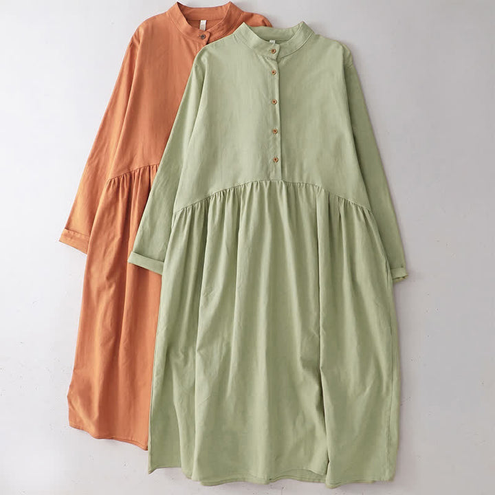 Buddha Stones Spring Fall Casual Tang Style Mandarin Collar Solid Women's Long Sleeve Dress With Pockets - image 0