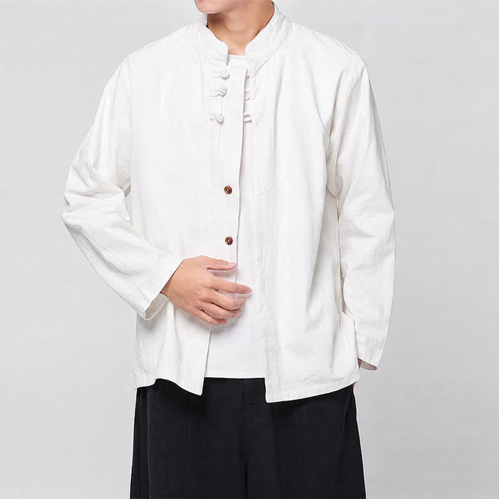 Buddha Stones Spring Fall Tang Style Minimalist Mandarin Collar Frog Button Solid Men's Long Sleeve Shirts - White - US/UK/AU46，EU56 (5XL) - image 13