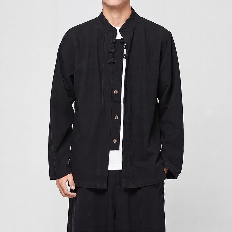 Buddha Stones Spring Fall Tang Style Minimalist Mandarin Collar Frog Button Solid Men's Long Sleeve Shirts - Black - US/UK/AU46，EU56 (5XL) - image 9