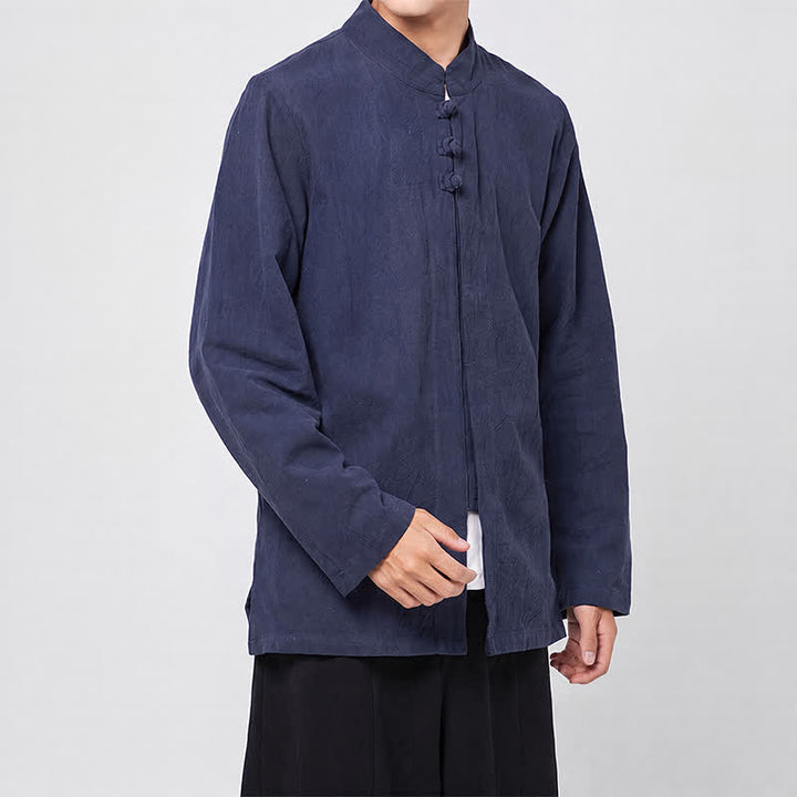 Buddha Stones Spring Fall Tang Style Minimalist Mandarin Collar Frog Button Solid Men's Long Sleeve Shirts - image 7