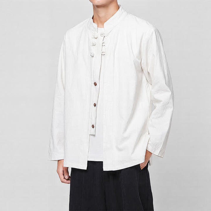 Buddha Stones Spring Fall Tang Style Minimalist Mandarin Collar Frog Button Solid Men's Long Sleeve Shirts - image 15