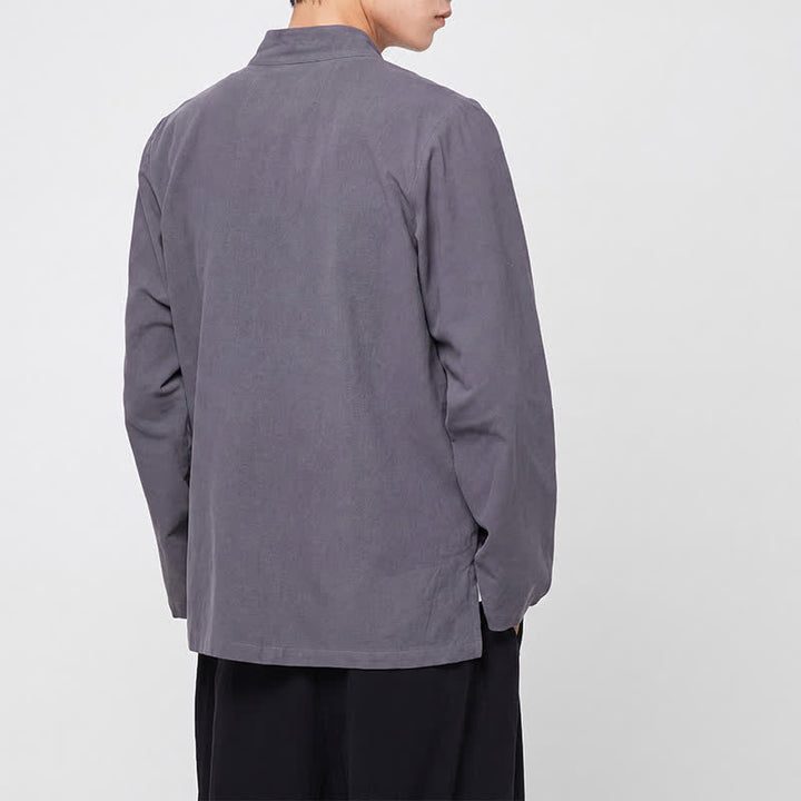 Buddha Stones Spring Fall Tang Style Minimalist Mandarin Collar Frog Button Solid Men's Long Sleeve Shirts - image 4
