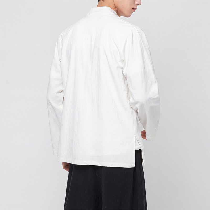 Buddha Stones Spring Fall Tang Style Minimalist Mandarin Collar Frog Button Solid Men's Long Sleeve Shirts - image 16