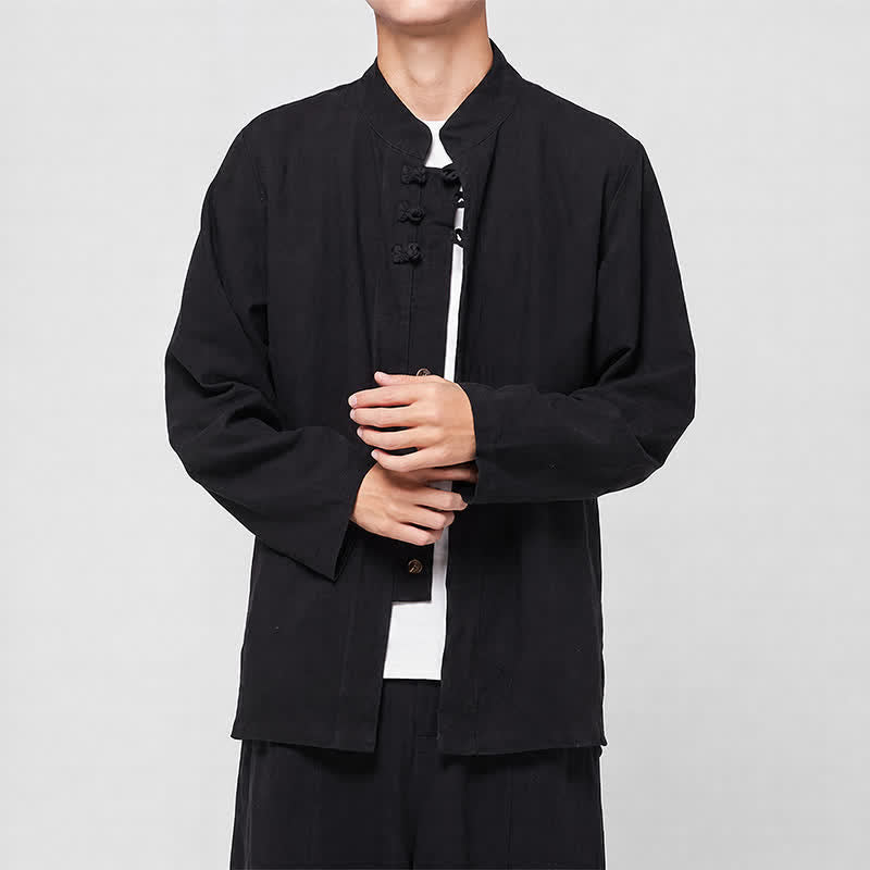 Buddha Stones Spring Fall Tang Style Minimalist Mandarin Collar Frog Button Solid Men's Long Sleeve Shirts - image 11