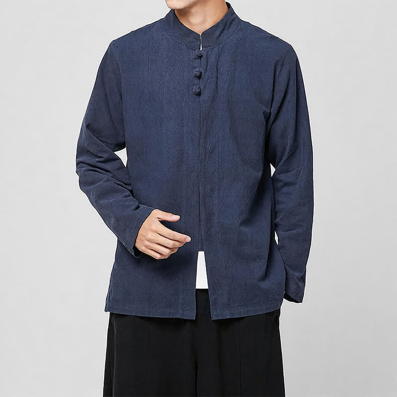Buddha Stones Spring Fall Tang Style Minimalist Mandarin Collar Frog Button Solid Men's Long Sleeve Shirts - Navy - US/UK/AU46，EU56 (5XL) - image 5