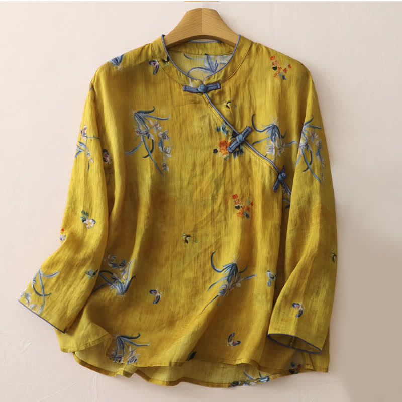 Buddha Stones Spring Vintage Tang Style Frog Button Orchid Floral Women's Long Sleeve Shirts - Goldenrod - US12, UK/AU16, EU44 (2XL) - image 0
