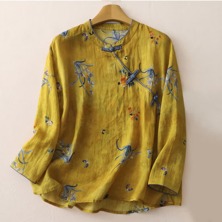 Buddha Stones Summer Tang Style Vintage Frog Button Orchid Floral Women's Sleeveless Shirts Tank Top - Goldenrod - US12, UK/AU16, EU44 (2XL) - image 73