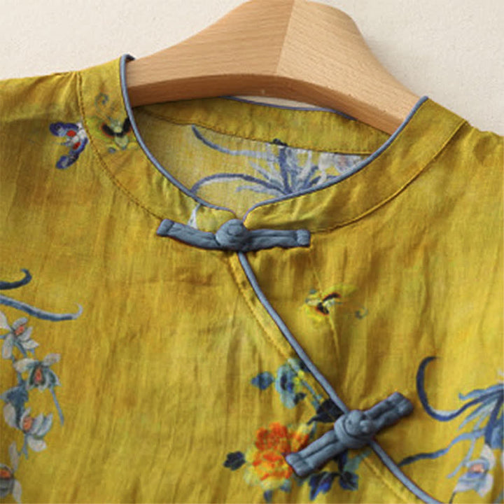 Buddha Stones Summer Tang Style Vintage Frog Button Orchid Floral Women's Sleeveless Shirts Tank Top - image 75