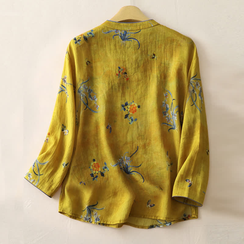 Buddha Stones Summer Tang Style Vintage Frog Button Orchid Floral Women's Sleeveless Shirts Tank Top - image 74