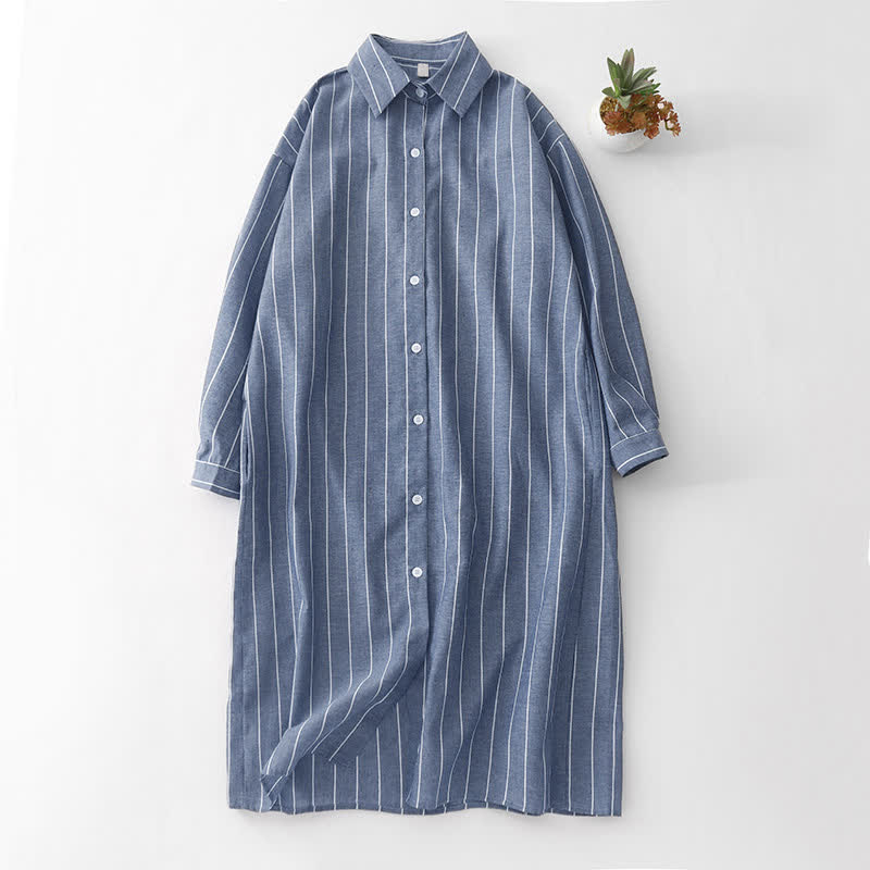 Buddha Stones Spring Casual Minimalist Button-Up Striped Women's Long Sleeve Dresses - SlateGray - US12, UK/AU16, EU44 (2XL) - image 9