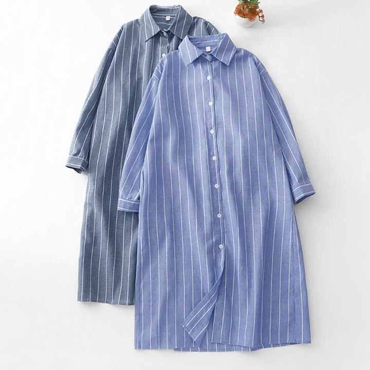 Buddha Stones Spring Casual Minimalist Button-Up Striped Women's Long Sleeve Dresses - image 16
