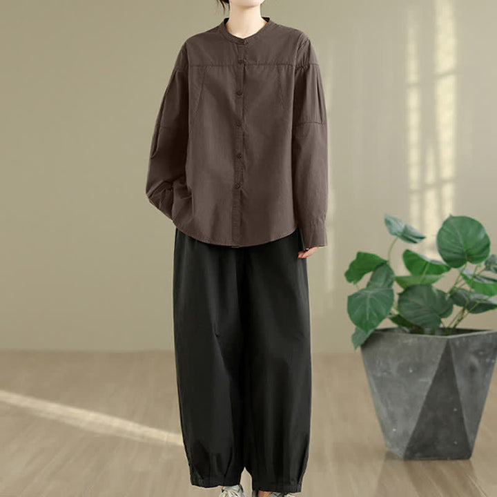 Buddha Stones Spring Fall Minimalist Tang Style Mandarin Collar Solid Women's Long Sleeve Shirts - image 5