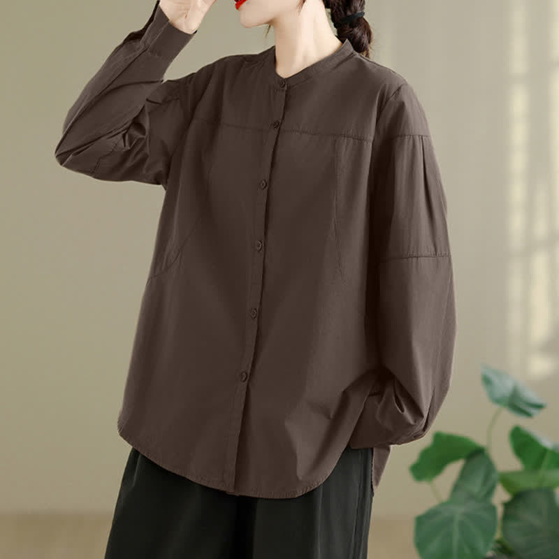 Buddha Stones Spring Fall Minimalist Tang Style Mandarin Collar Solid Women's Long Sleeve Shirts - image 1