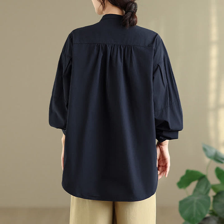 Buddha Stones Spring Fall Minimalist Tang Style Mandarin Collar Solid Women's Long Sleeve Shirts - image 8
