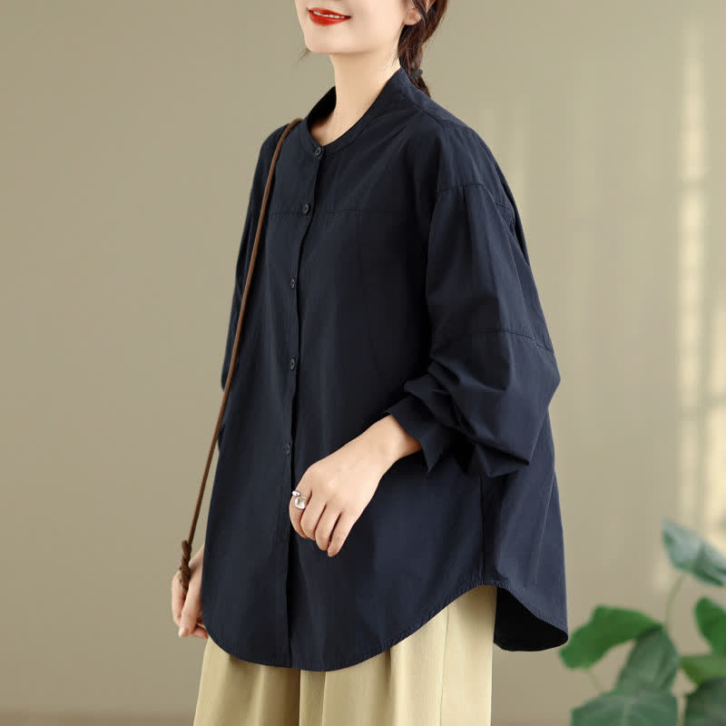Buddha Stones Spring Fall Minimalist Tang Style Mandarin Collar Solid Women's Long Sleeve Shirts - MidnightBlue - US8-10, UK/AU12-14, EU40-42 (2XL) - image 6