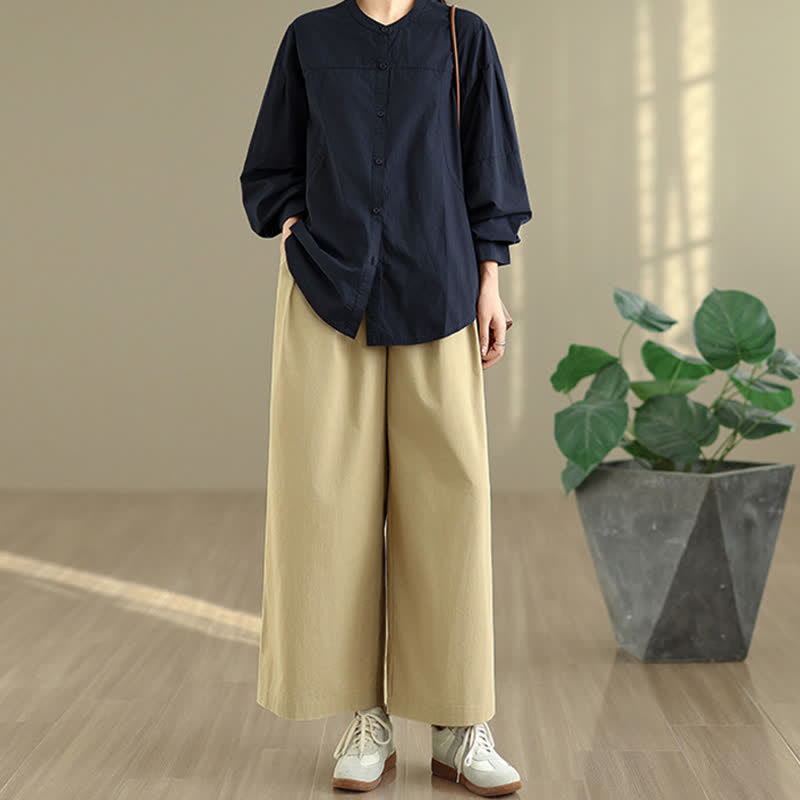 Buddha Stones Spring Fall Minimalist Tang Style Mandarin Collar Solid Women's Long Sleeve Shirts - image 11