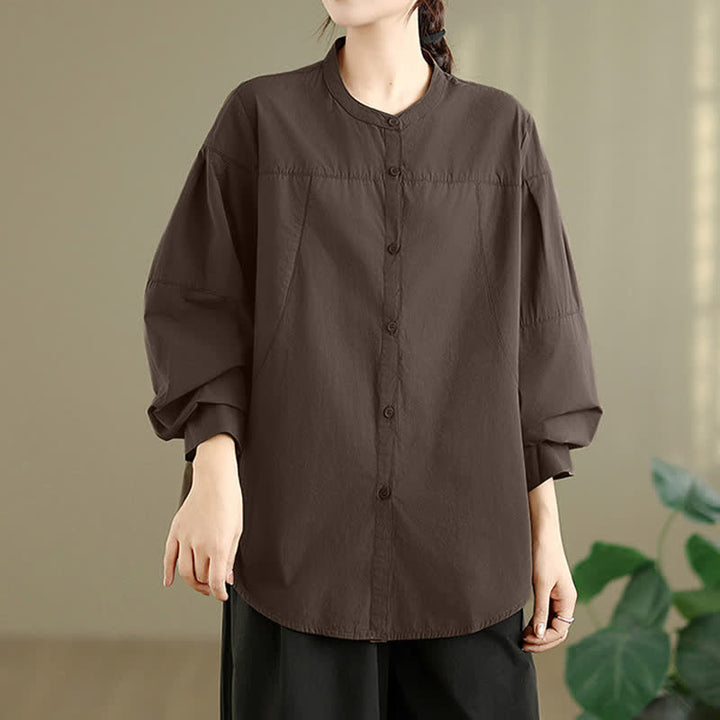 Buddha Stones Spring Fall Minimalist Tang Style Mandarin Collar Solid Women's Long Sleeve Shirts - image 3