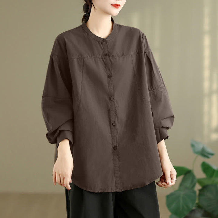 Buddha Stones Spring Fall Minimalist Tang Style Mandarin Collar Solid Women's Long Sleeve Shirts - image 4