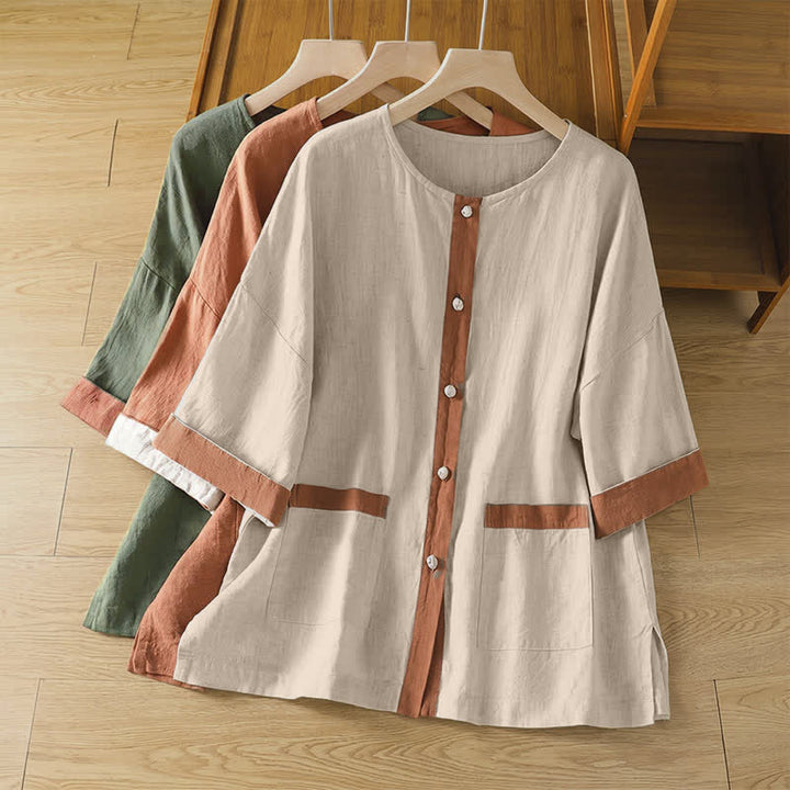 Buddha Stones Summer Casual Patch Pocket Button-Up Solid Women's Short Sleeve Shirts With Pocket - image 24