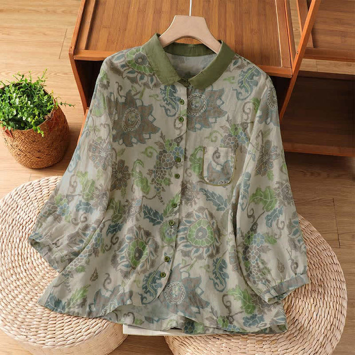 Buddha Stones Spring Summer Casual Vintage Button-Up Floral Women's Long Sleeve Shirts With Pocket - DarkSeaGreen - US8-10, UK/AU12-14, EU40-42 (2XL) - image 0