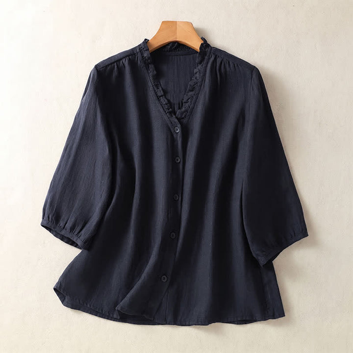Buddha Stones Spring Summer Casual Button-Up Solid Women's Short Sleeve Shirts - Navy - US8-10, UK/AU12-14, EU40-42 (2XL) - image 20