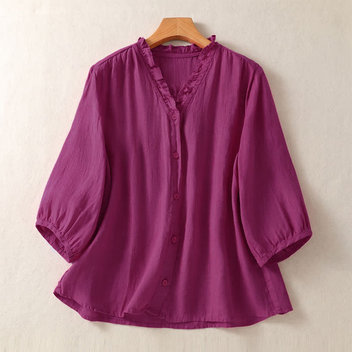 Buddha Stones Spring Summer Casual Button-Up Solid Women's Short Sleeve Shirts - MediumVioletRed - US8-10, UK/AU12-14, EU40-42 (2XL) - image 6
