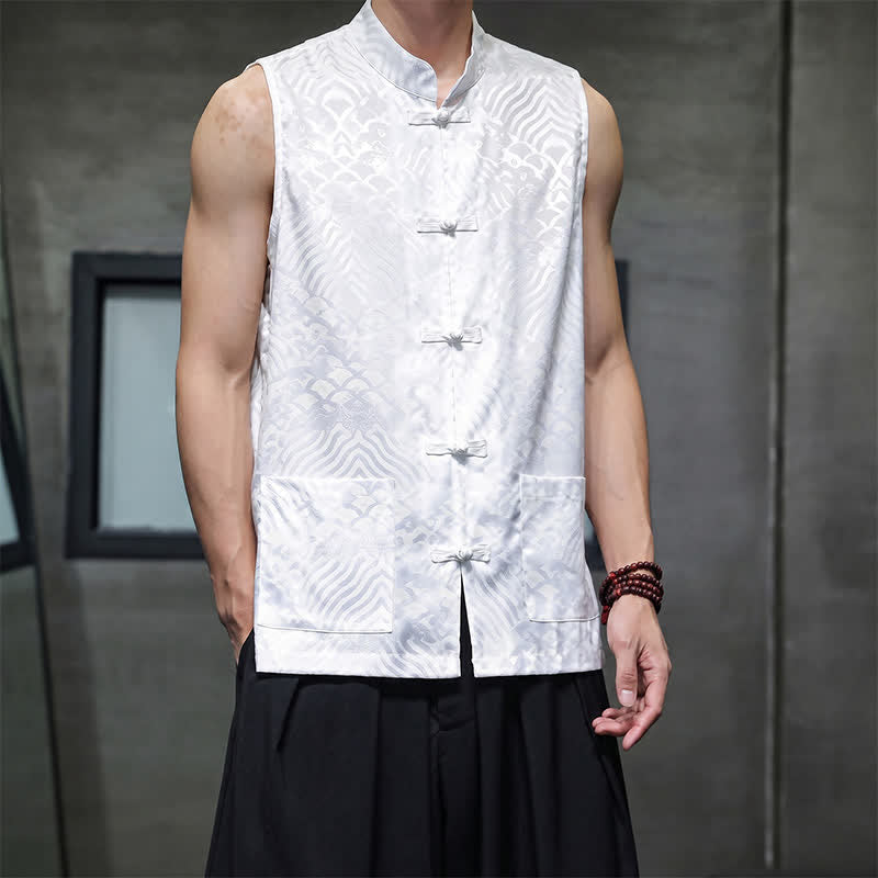 Buddha Stones Summer Tang Style Mandarin Collar Frog Button Abstract Ocean Waves Tank Top Men's Sleeveless Shirts With Pocket - image 18