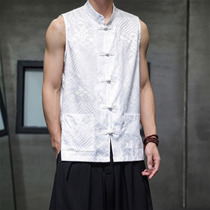 Buddha Stones Summer Tang Style Mandarin Collar Frog Button Abstract Ocean Waves Tank Top Men's Sleeveless Shirts With Pocket - image 18