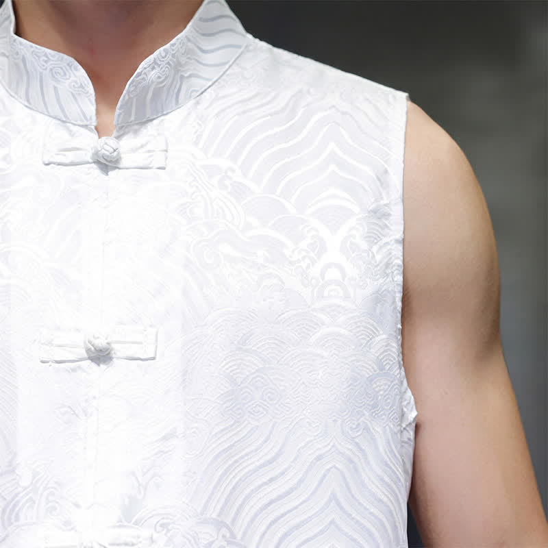 Buddha Stones Summer Tang Style Mandarin Collar Frog Button Abstract Ocean Waves Tank Top Men's Sleeveless Shirts With Pocket - image 26