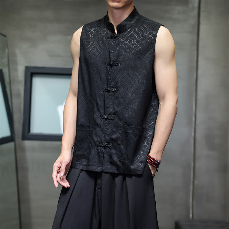 Buddha Stones Summer Tang Style Mandarin Collar Frog Button Abstract Ocean Waves Tank Top Men's Sleeveless Shirts With Pocket - image 15