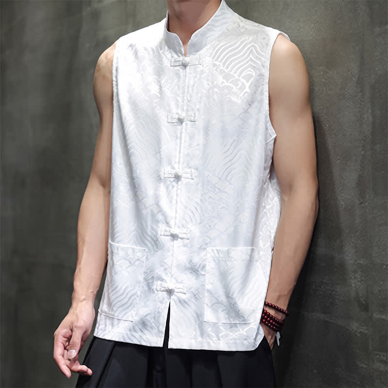 Buddha Stones Summer Tang Style Mandarin Collar Frog Button Abstract Ocean Waves Tank Top Men's Sleeveless Shirts With Pocket - image 22