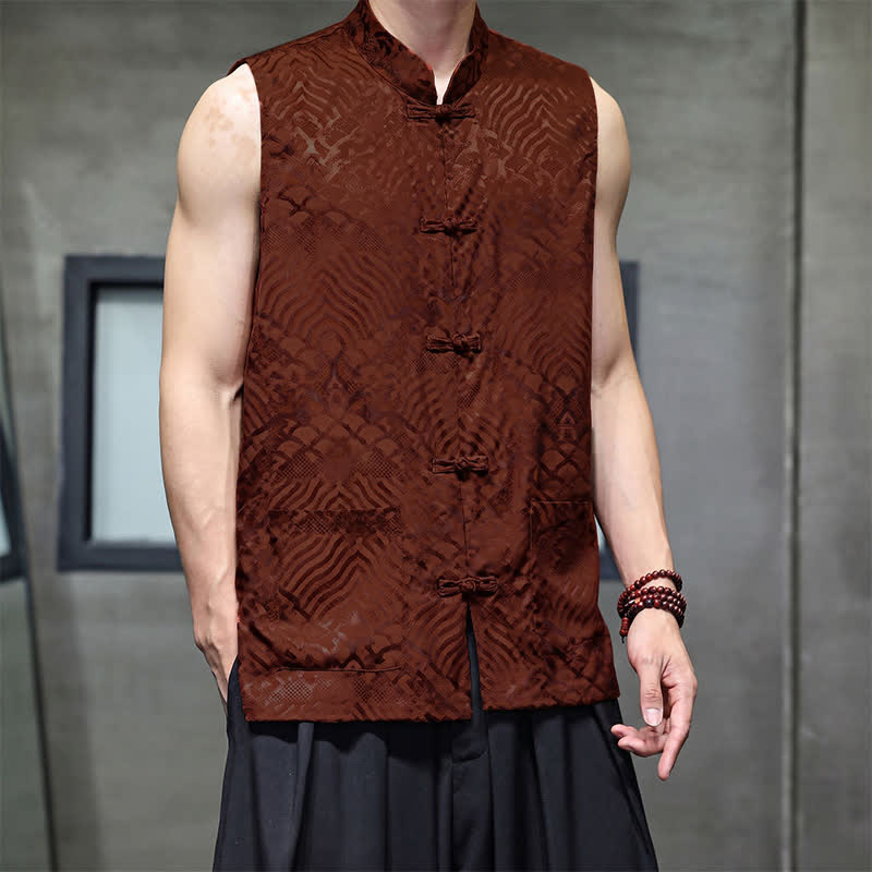 Buddha Stones Summer Tang Style Mandarin Collar Frog Button Abstract Ocean Waves Tank Top Men's Sleeveless Shirts With Pocket - image 13
