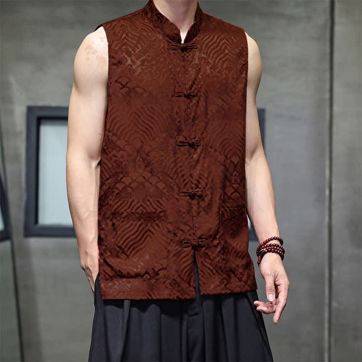 Buddha Stones Summer Tang Style Mandarin Collar Frog Button Abstract Ocean Waves Tank Top Men's Sleeveless Shirts With Pocket - image 13