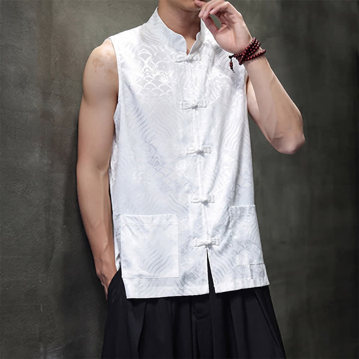 Buddha Stones Summer Tang Style Mandarin Collar Frog Button Abstract Ocean Waves Tank Top Men's Sleeveless Shirts With Pocket - image 24