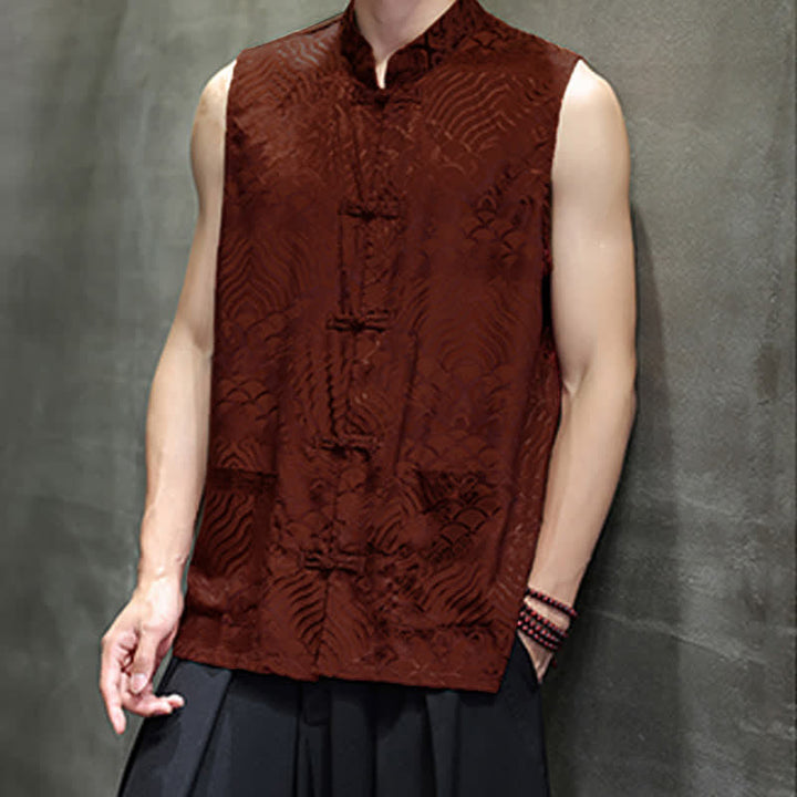 Buddha Stones Summer Tang Style Mandarin Collar Frog Button Abstract Ocean Waves Tank Top Men's Sleeveless Shirts With Pocket - image 9