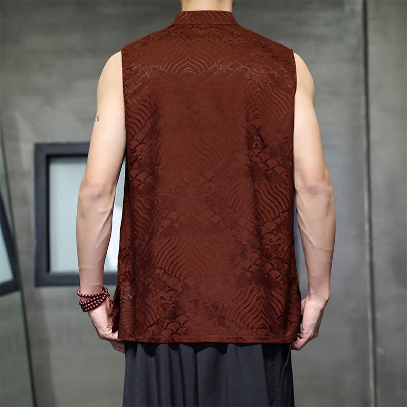 Buddha Stones Summer Tang Style Mandarin Collar Frog Button Abstract Ocean Waves Tank Top Men's Sleeveless Shirts With Pocket - image 10