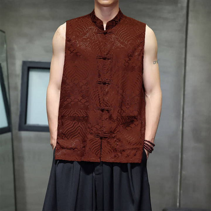 Buddha Stones Summer Tang Style Mandarin Collar Frog Button Abstract Ocean Waves Tank Top Men's Sleeveless Shirts With Pocket - FireBrick - US/UK/AU46, EU56 (5XL) - image 7