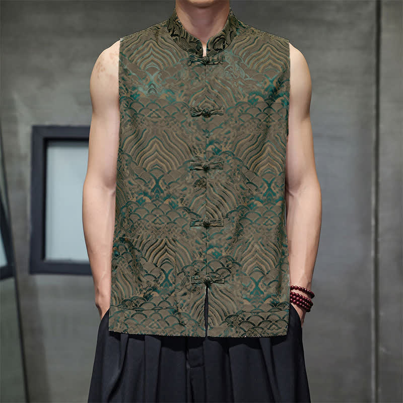 Buddha Stones Summer Tang Style Mandarin Collar Frog Button Abstract Ocean Waves Tank Top Men's Sleeveless Shirts With Pocket - Olive - US/UK/AU46, EU56 (5XL) - image 0